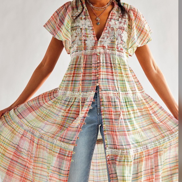 Free People Sally Plaid appliqué colorful maxi top - Picture 2 of 11